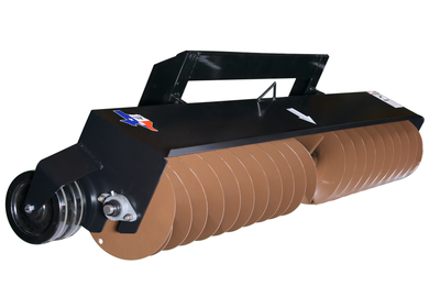 Red and black Toro compact utility loader with a blue sweeper attachment on a sidewalk.