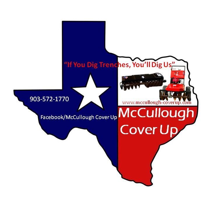 a Texas-based company, in the shape of Texas with the state flag colors, equipment illustrations, and contact information.