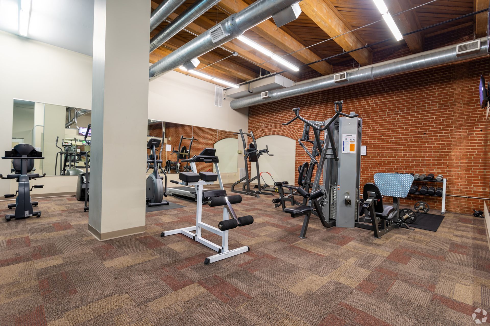 Gym room with weight machines, brick walls, exposed ducts, and carpeted floor