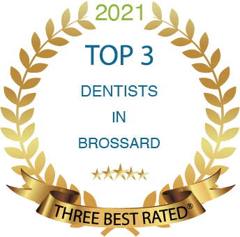 A badge that says top 3 dentists in brossard three best rated