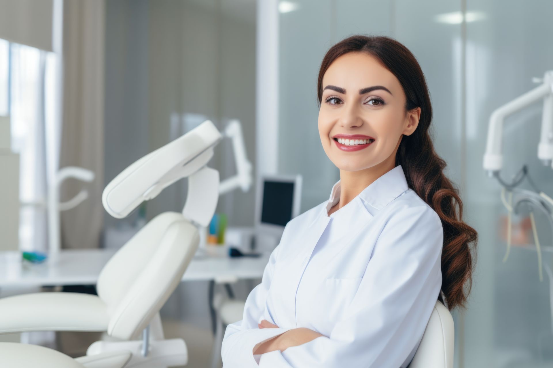 Une dentiste souriante en blouse blanche, les bras croisés, dans un cabinet dentaire moderne.