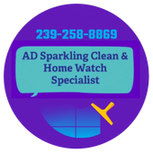 Round purple logo with phone number and text for cleaning and home watch services.