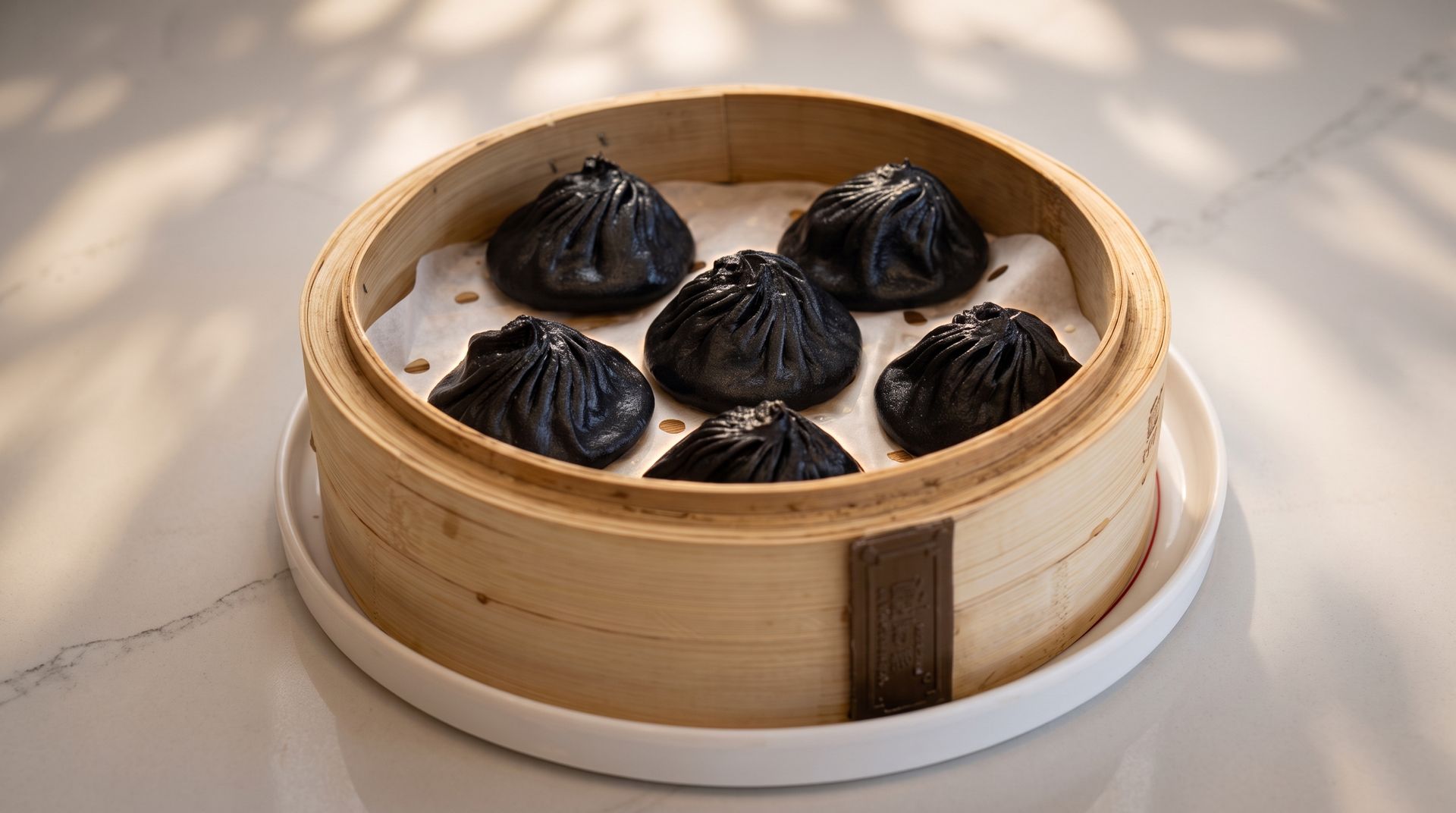 Bamboo steamer with five black dumplings on a white plate, lit by soft sunlight.