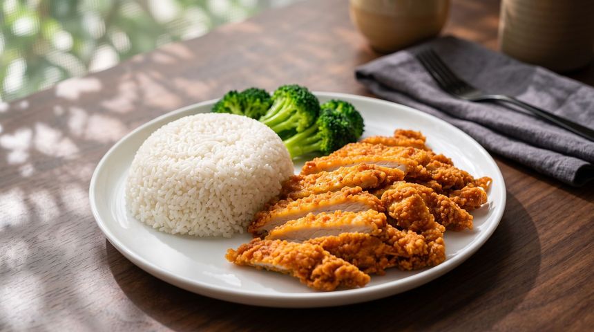 Plate of breaded chicken cutlets with white rice and broccoli on a wooden table