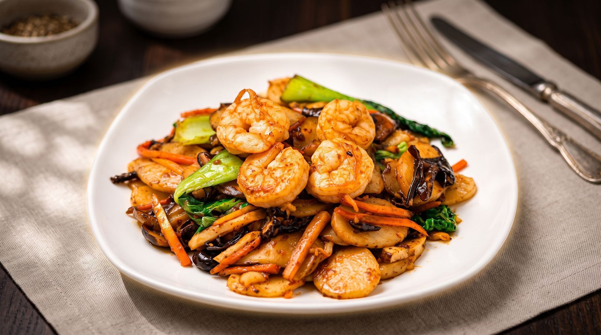Shrimp and vegetables on a white plate, served in a dark sauce with a fork and spoon nearby