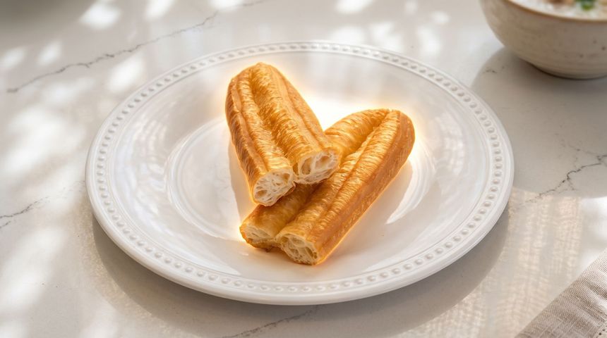 Two golden churros on a white plate on a light tablecloth