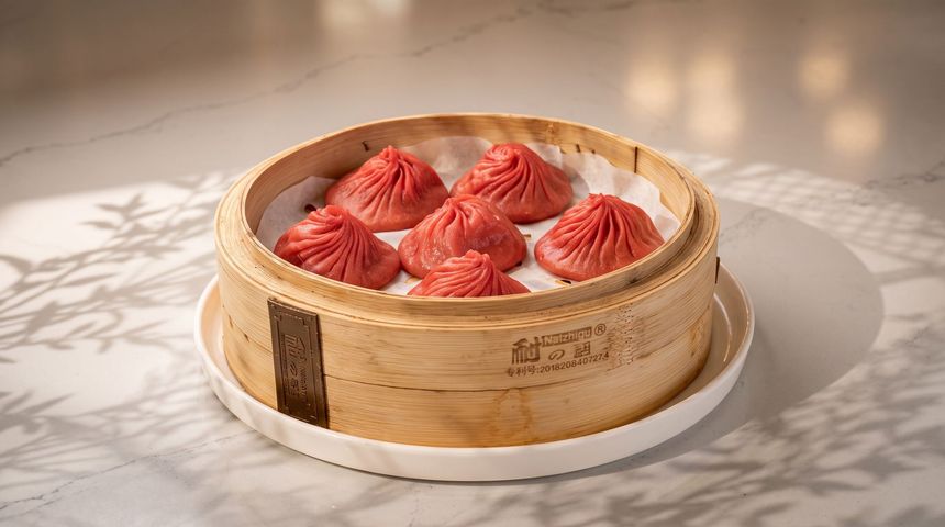 Steamed red buns in a bamboo basket on a white plate in soft sunlight