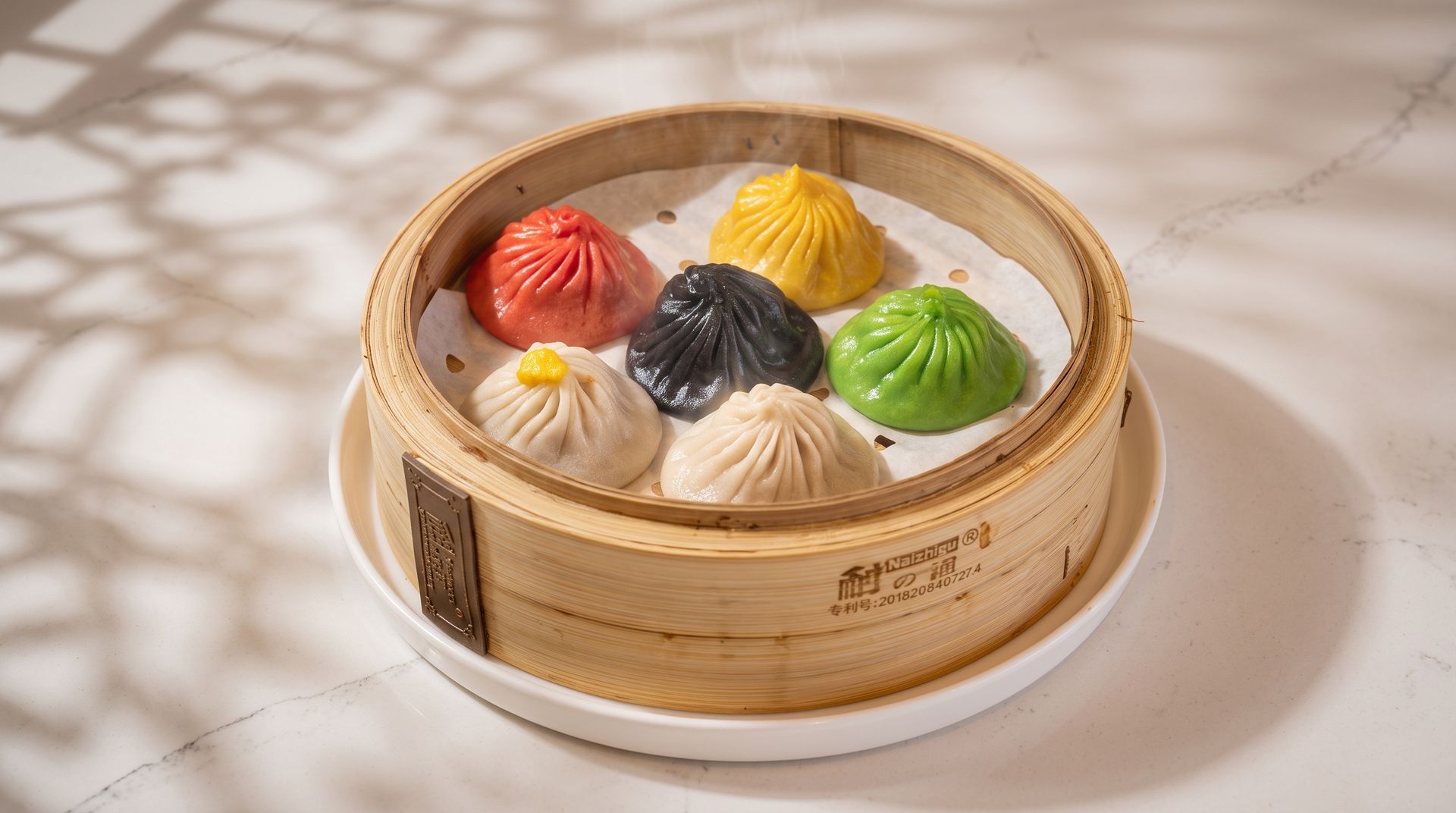 Bamboo steamer basket with five colorful dumplings on a white plate.