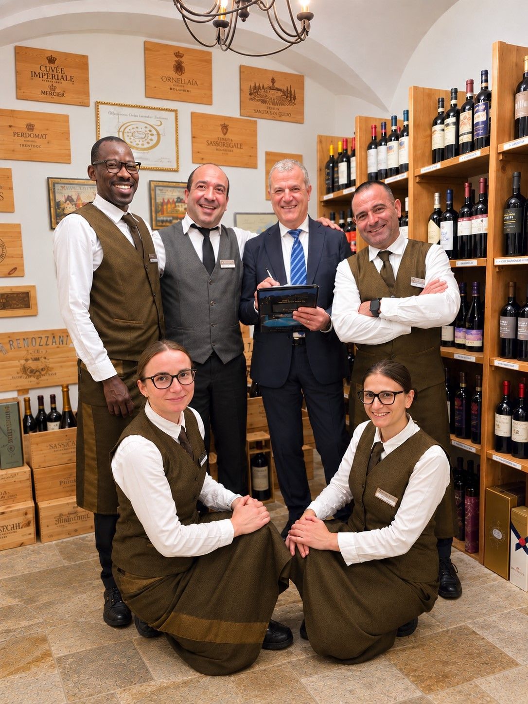 Five people in matching brown aprons posing in a wine shop, with shelves and bottles behind them.