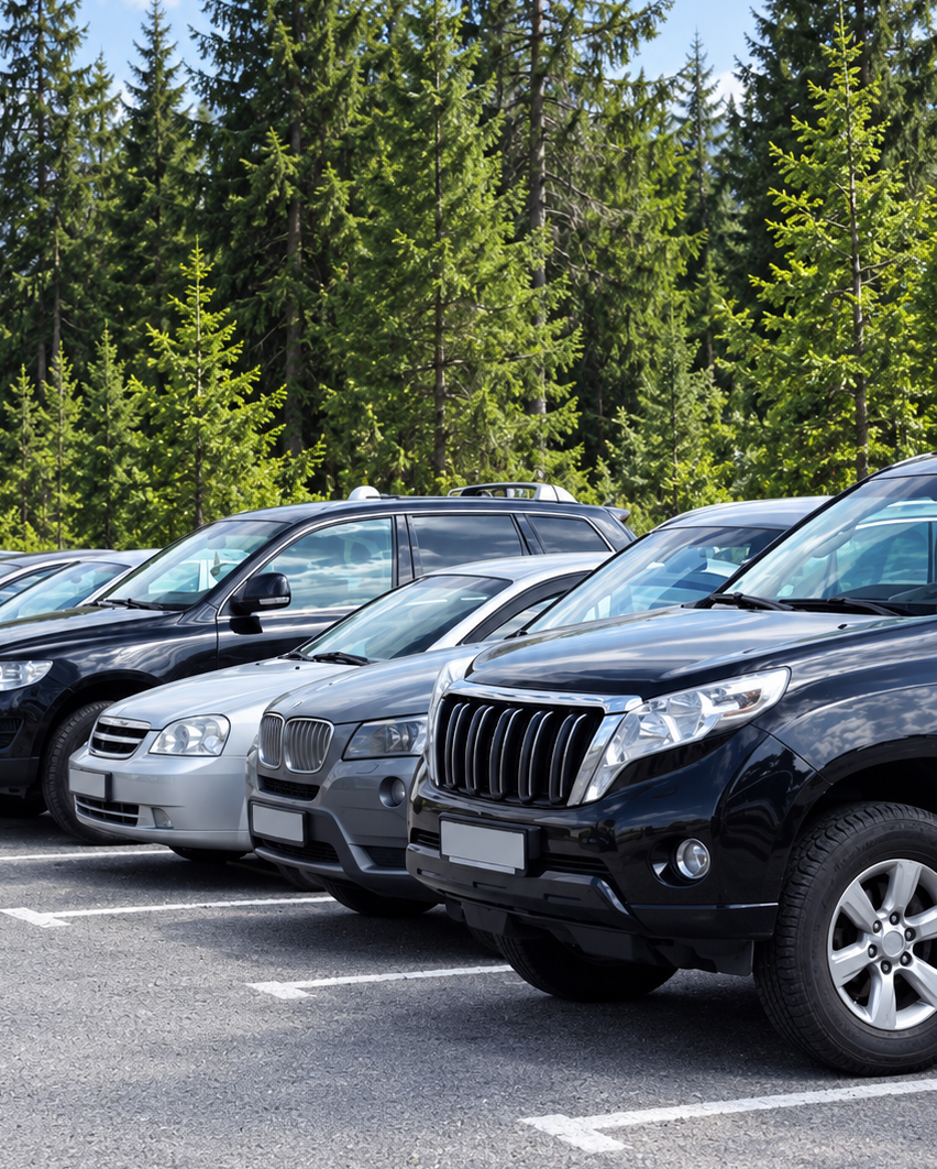 Parked SUVs and sedans in a lot with evergreen trees in the background