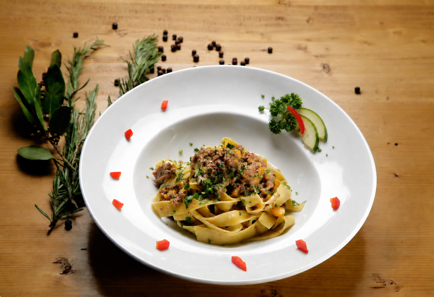 Pasta dish topped with herbs on a white plate, garnished with avocado and red sauce on a wooden table