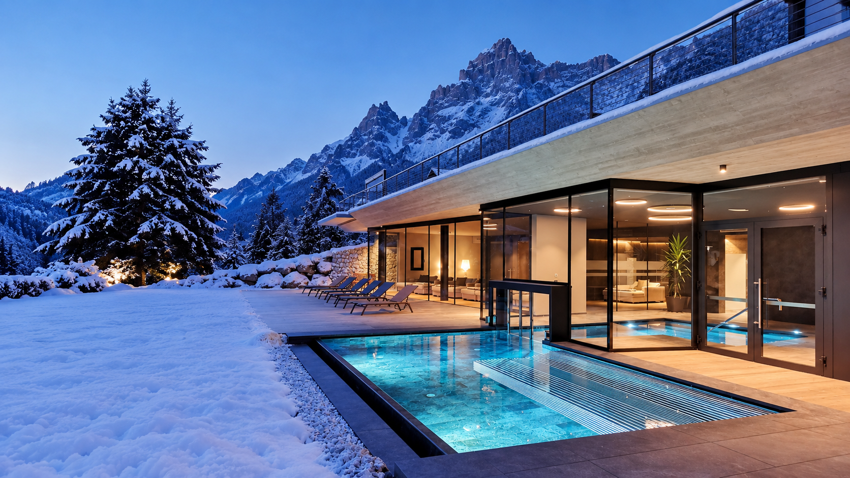 Modern house with glowing pool in snowy mountains at dusk