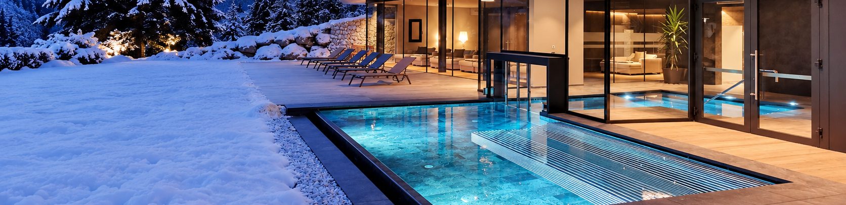 Snowy modern house with lit indoor pool reflecting warm lights at dusk