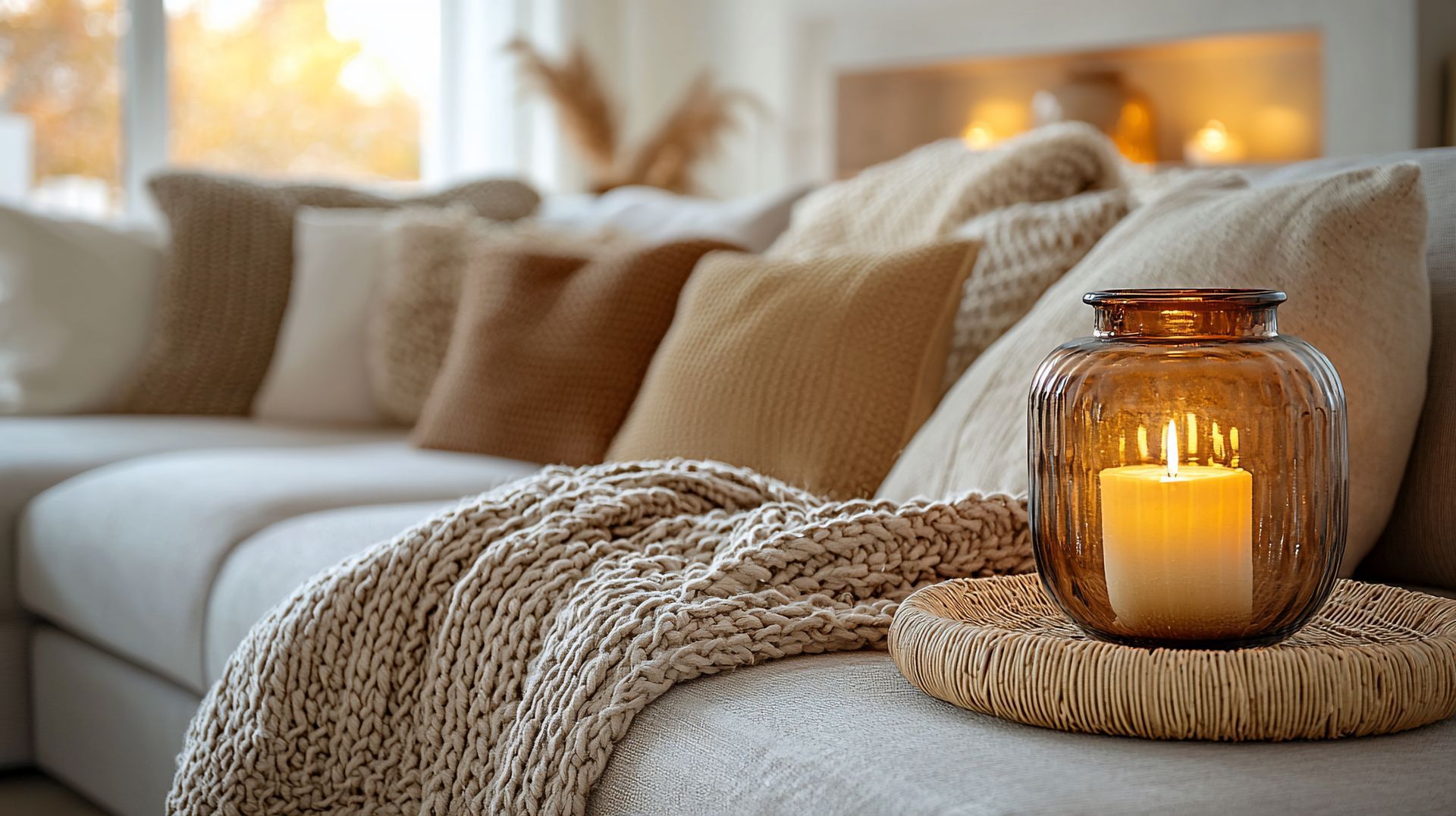Cozy beige living room with a knit throw and lit candle in a glass jar on a sofa armrest