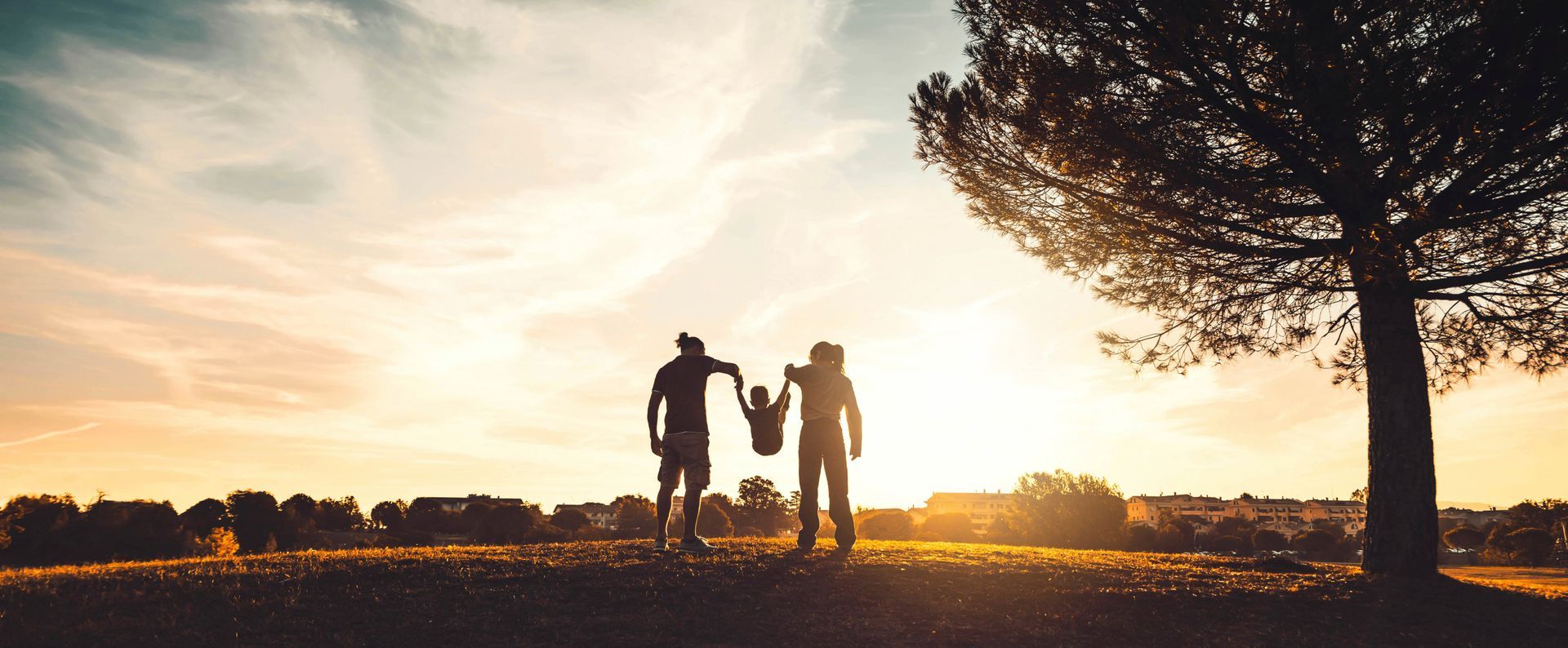 Two people holding hands at sunset in a field, silhouetted beside a large tree