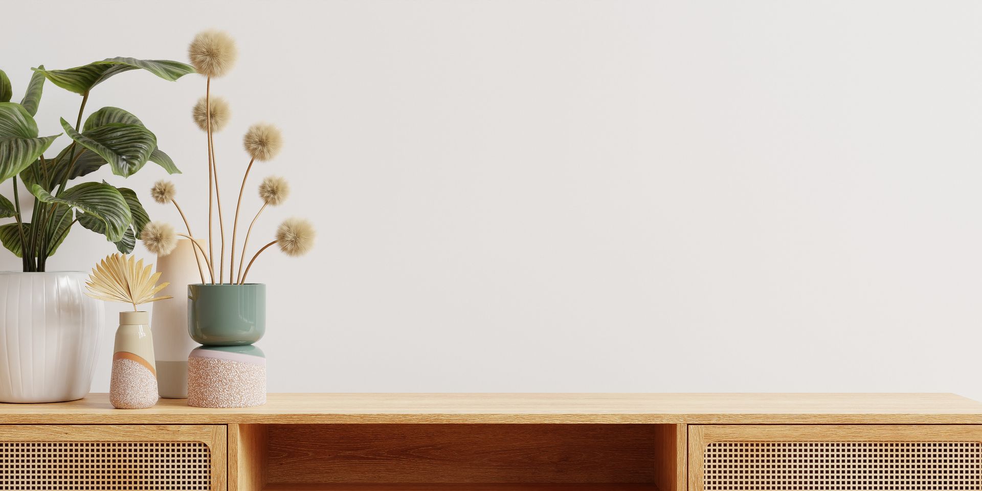 Minimalist shelf with potted plants and dried flowers against a white wall
