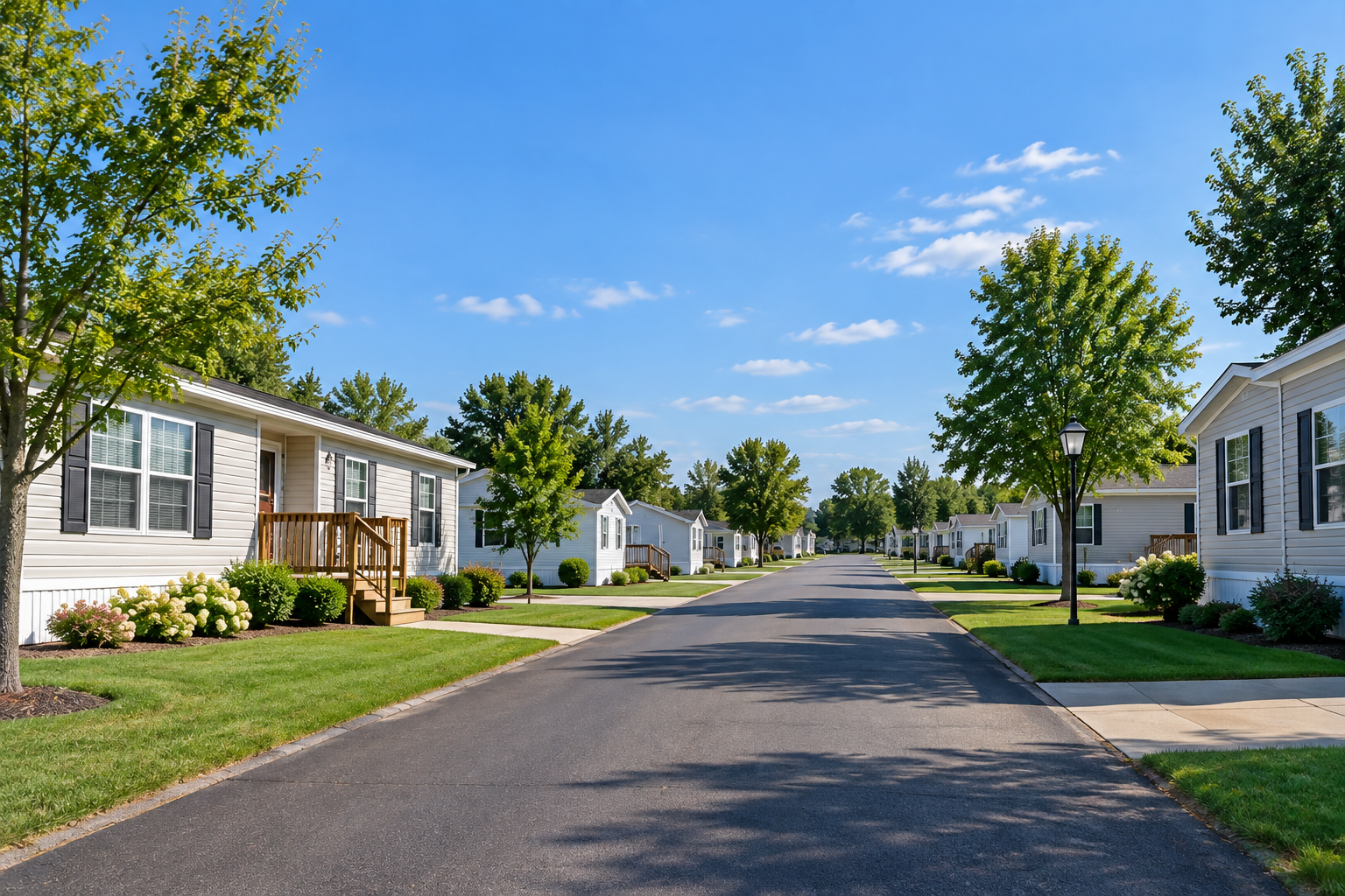 Quiet suburban street with white homes, green lawns, and a blue sky
