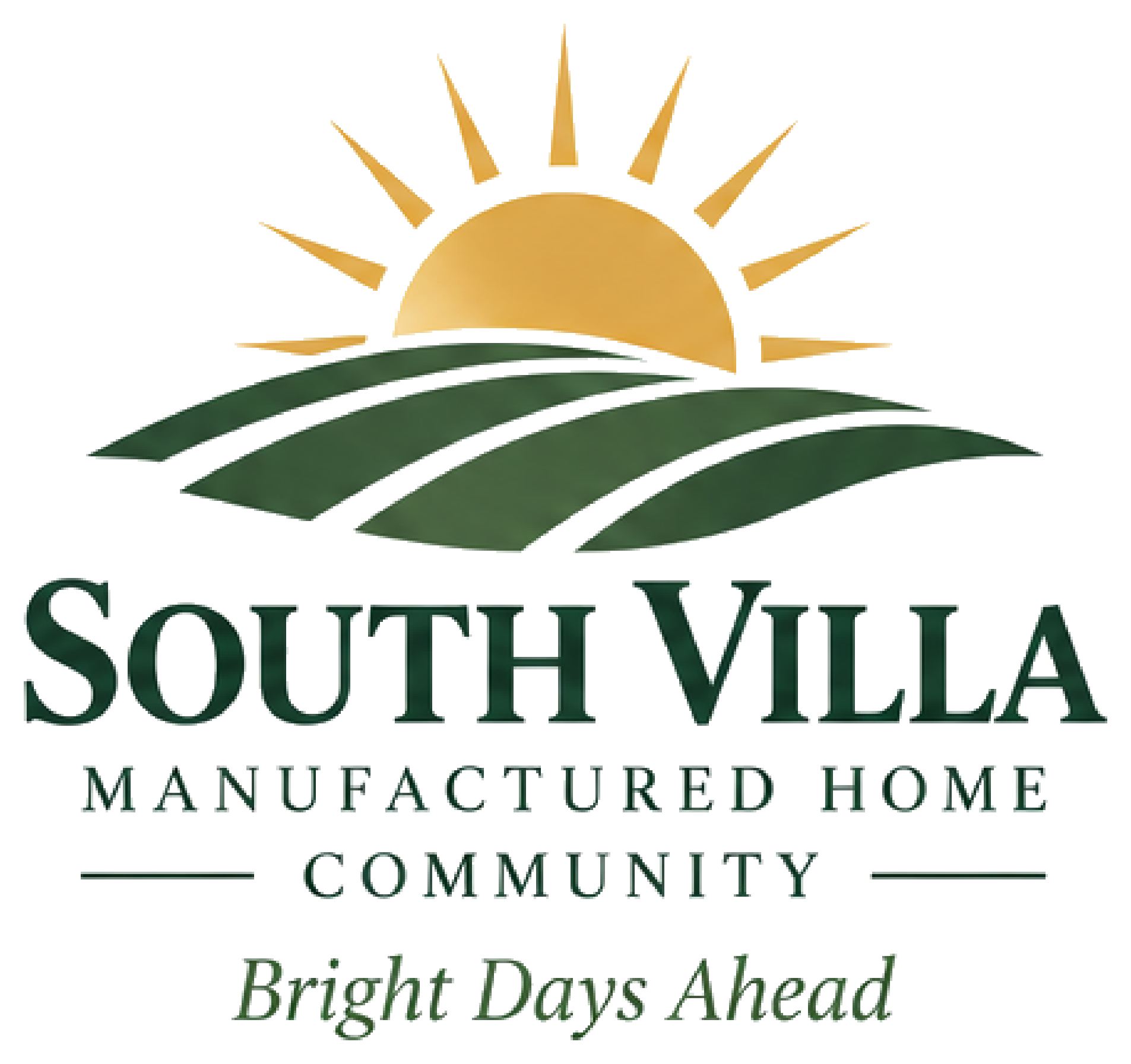 South Villa Manufactured Home Community logo with sunrise over green fields and “Bright Days Ahead” tagline