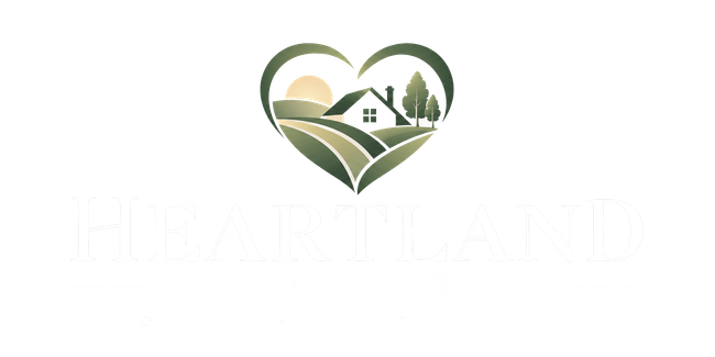 Heartland Communities logo with a house inside a green heart and beige text on white background
