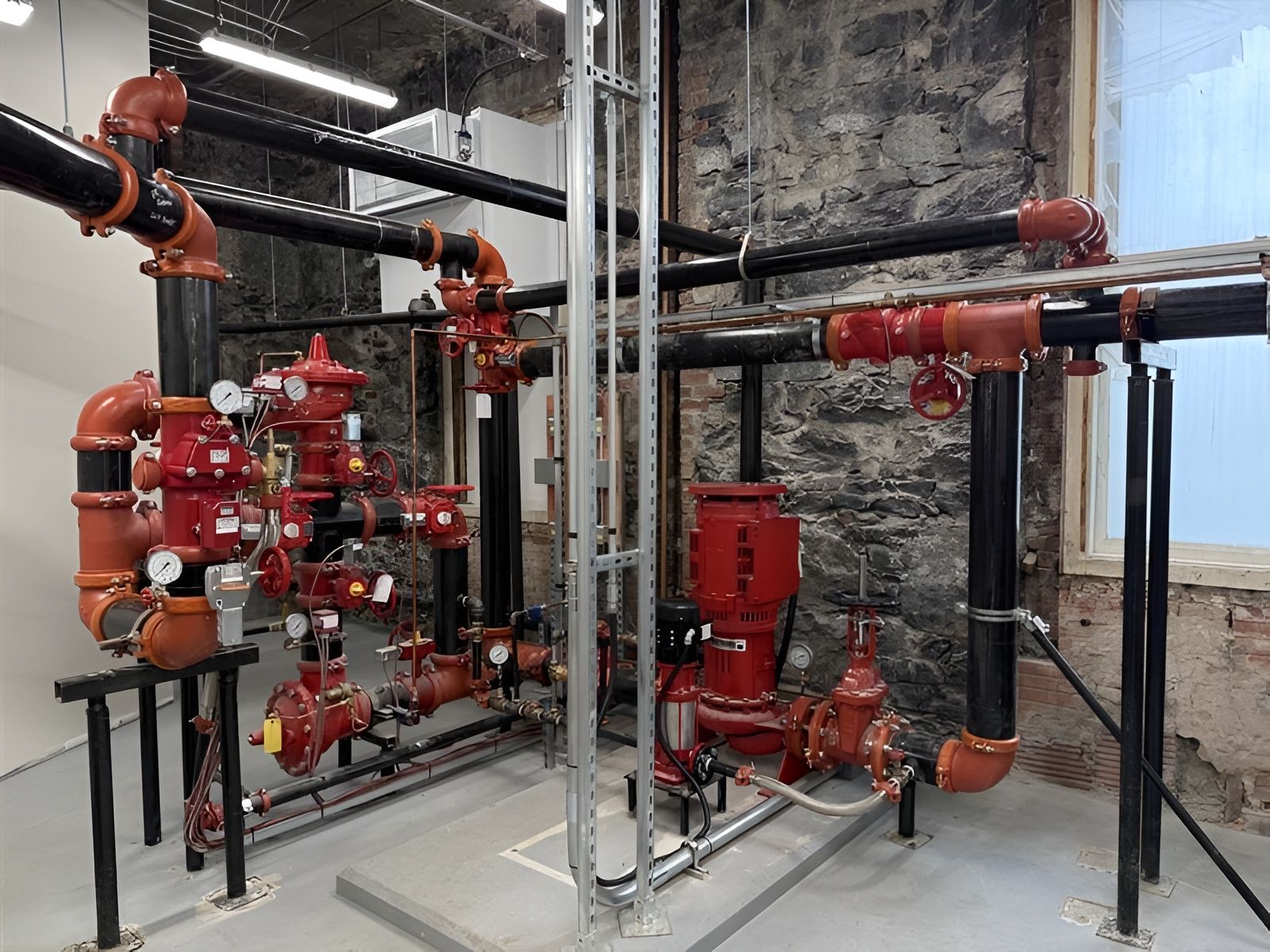 Industrial fire sprinkler valve room with red pipes, valves, and metal supports in a utility space