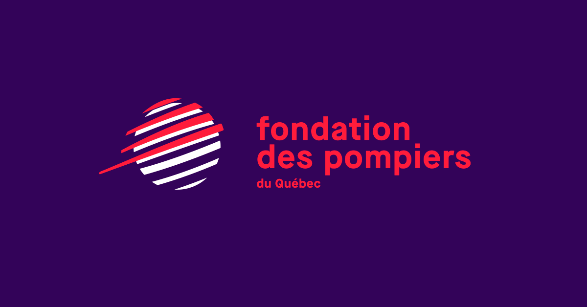 Logo de la Fondation des pompiers du Québec sur fond violet avec une icône de globe rouge et blanc