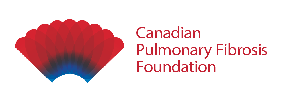 Logo de la Fondation canadienne de la fibrose pulmonaire avec une icône d'éventail rouge et bleue et du texte