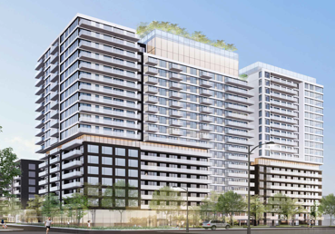 Immeuble d'appartements moderne à plusieurs étages avec balcons, façade en verre et jardin sur le toit.