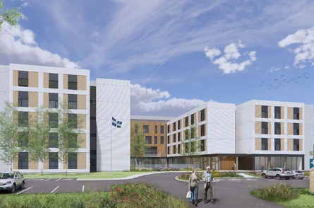 Rendu d'un complexe immobilier moderne à plusieurs étages. Panneaux blancs et boiseries, passants. Drapeau du Québec flottant.