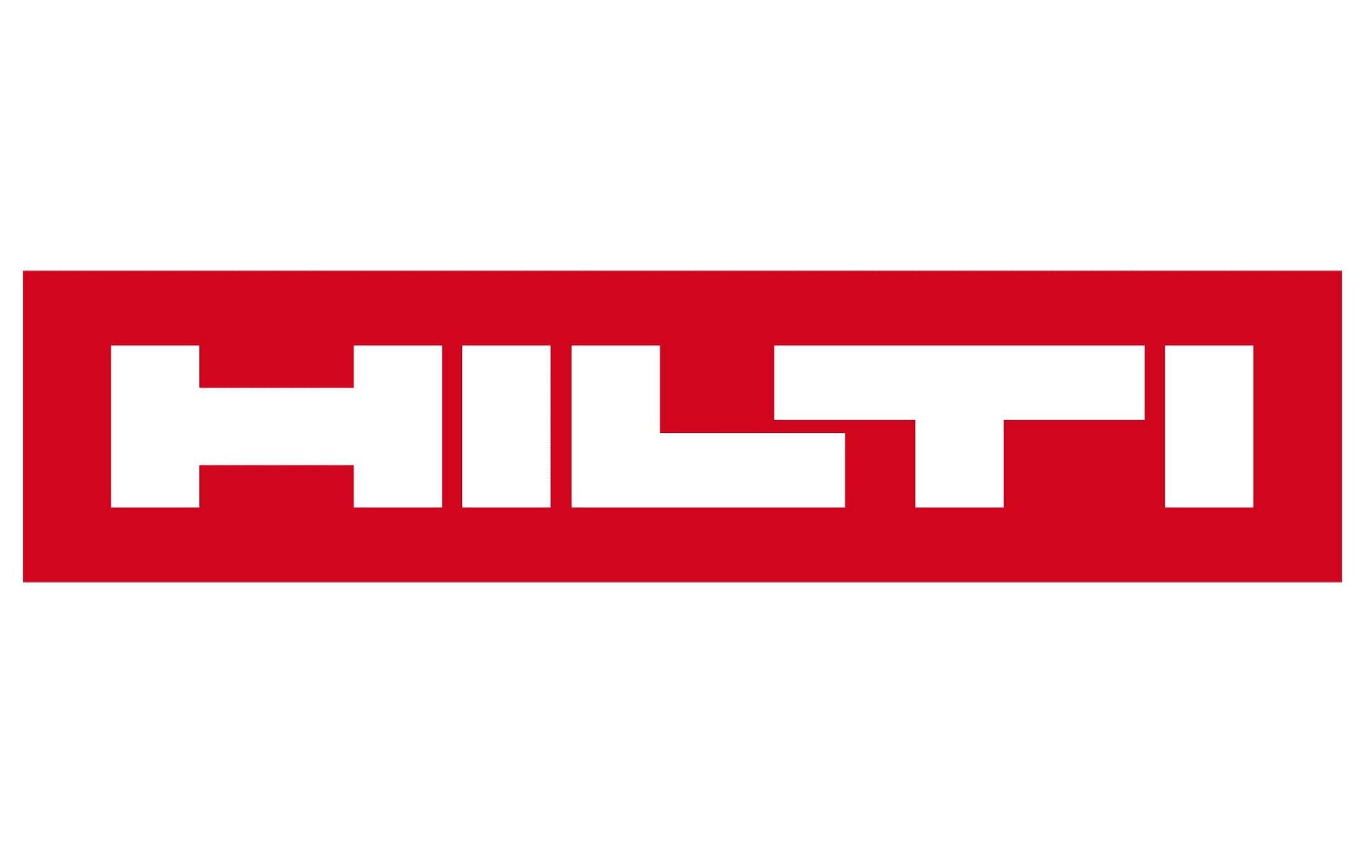Logo Hilti en lettres blanches sur fond rectangulaire rouge.