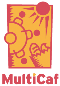 Logo MultiCaf avec un soleil stylisé orange-rouge et des formes au-dessus du mot « MultiCaf »