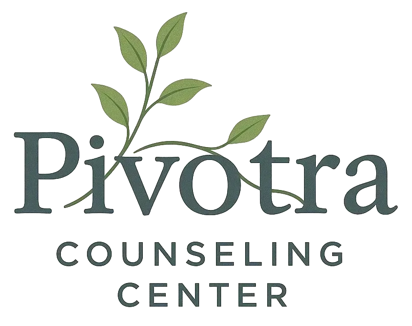 Pivota Counseling Center logo with green leaves above gray text on a white background
