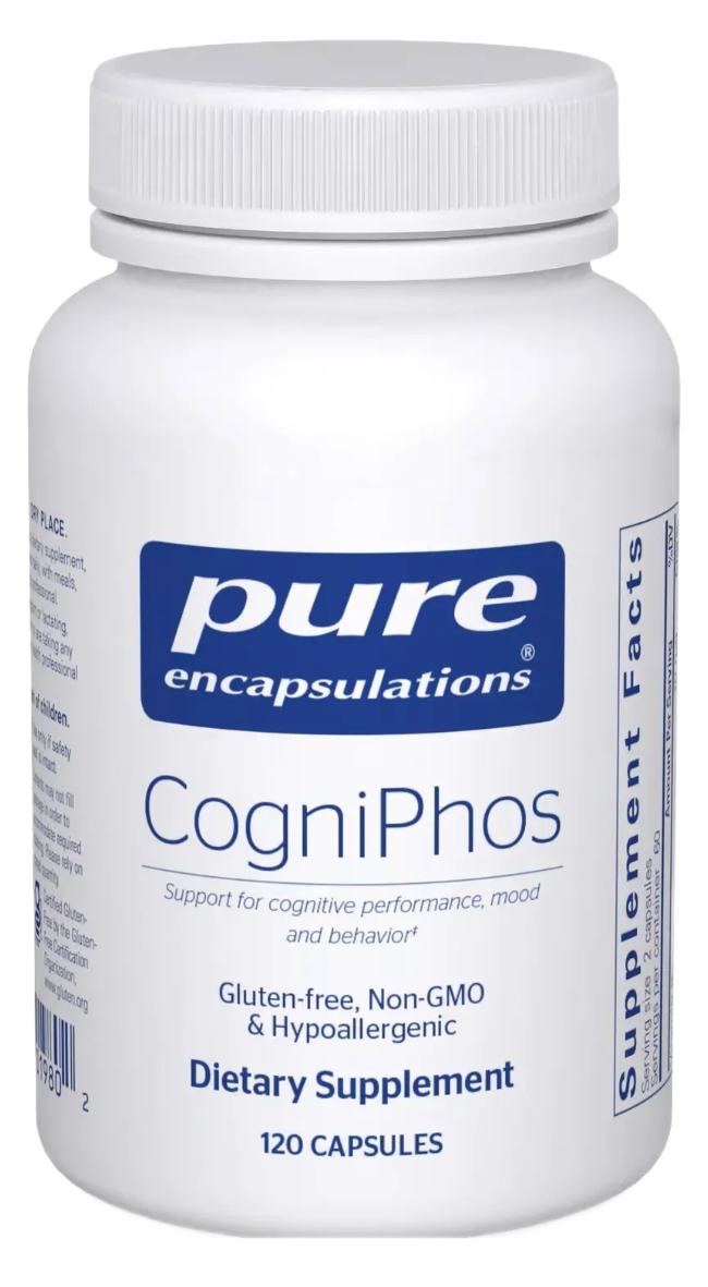 White bottle of Pure Encapsulations CogniPro5 dietary supplement with blue label and white cap.