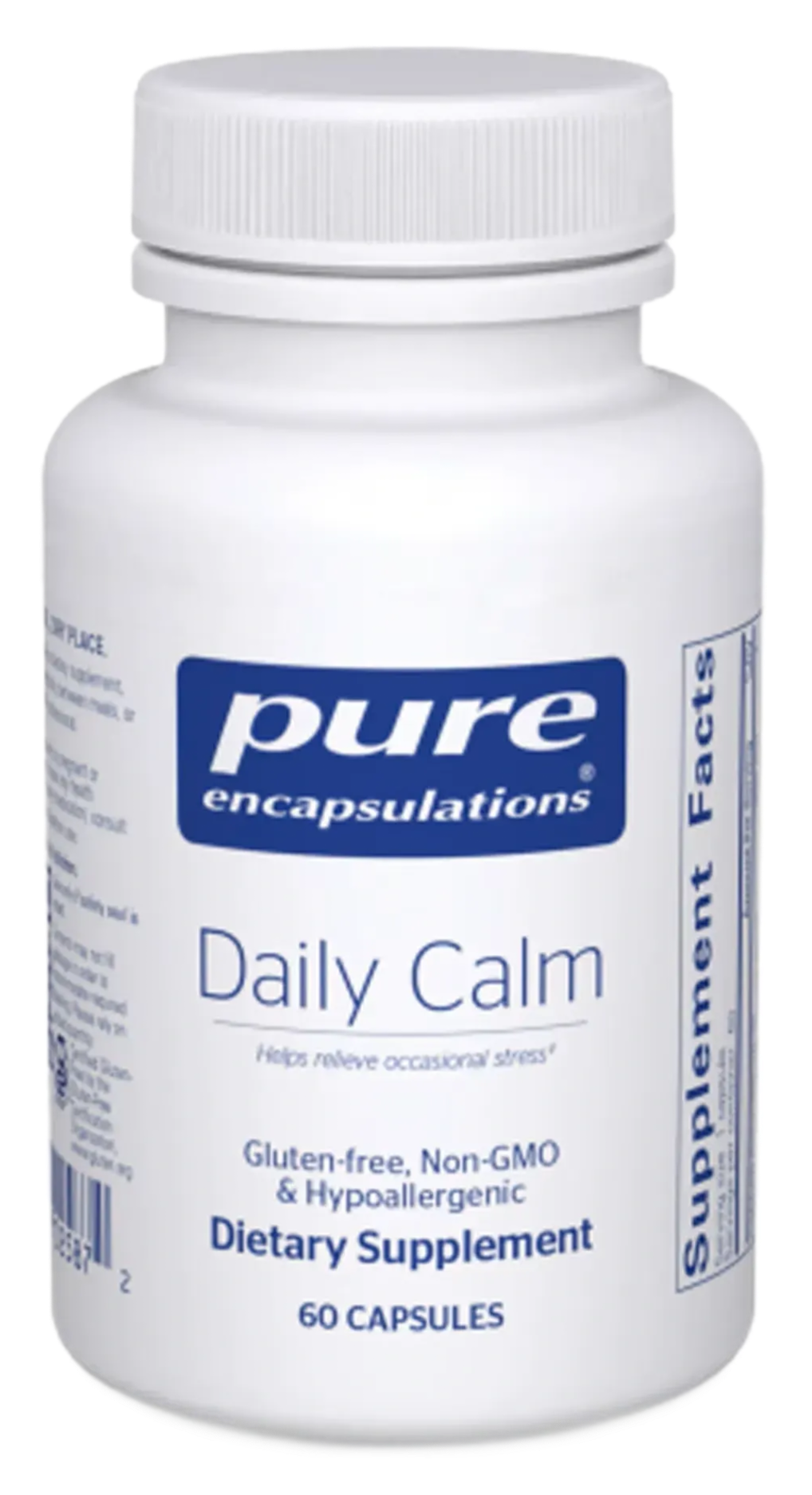 White bottle of Pure Encapsulations Daily Calm dietary supplement, 60 capsules.