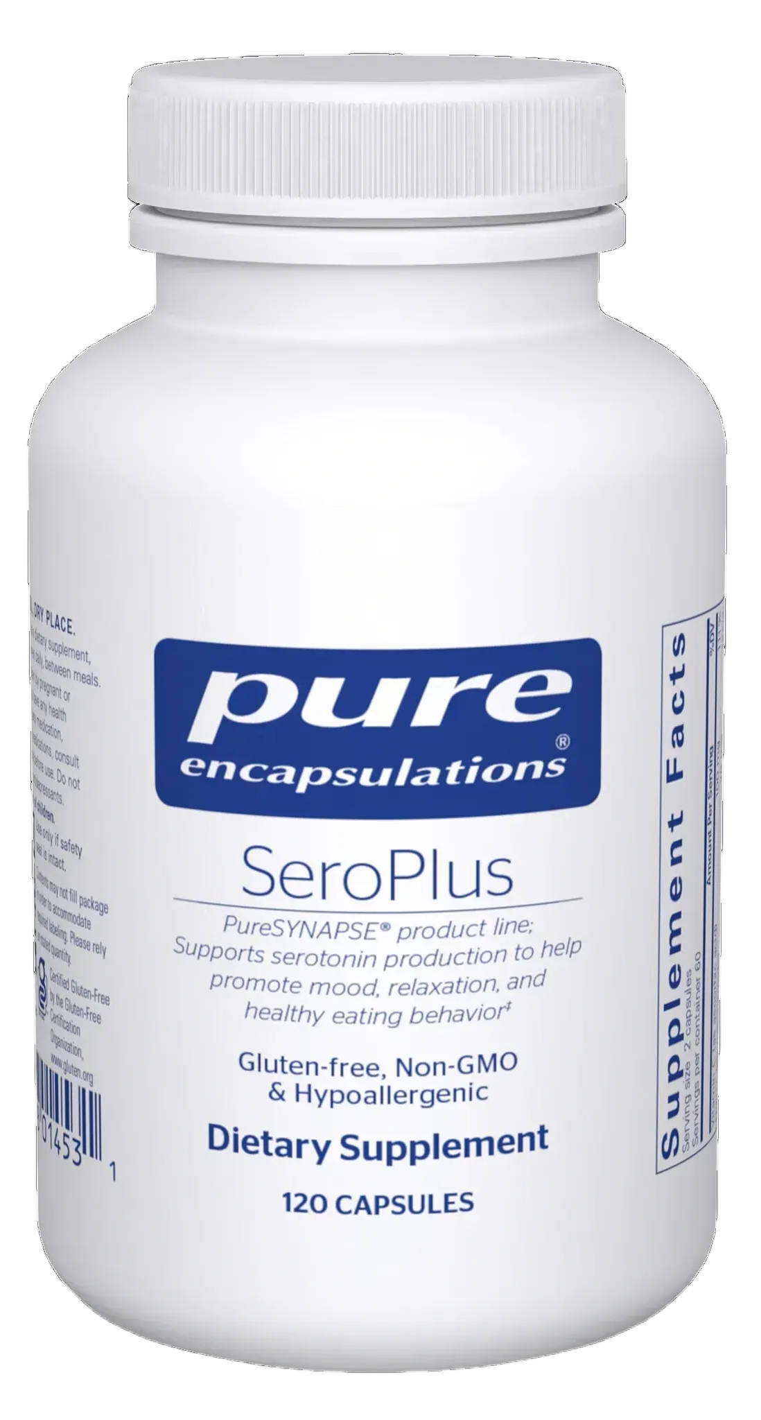 Pure Encapsulations SeroPlus dietary supplement bottle, white with blue label and cap