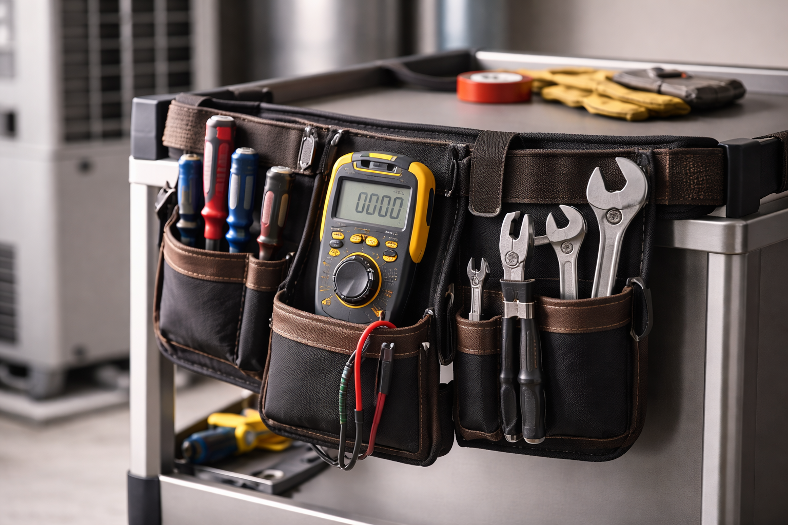 Tool pouch with screwdrivers, pliers, and a multimeter hanging on a workbench edge