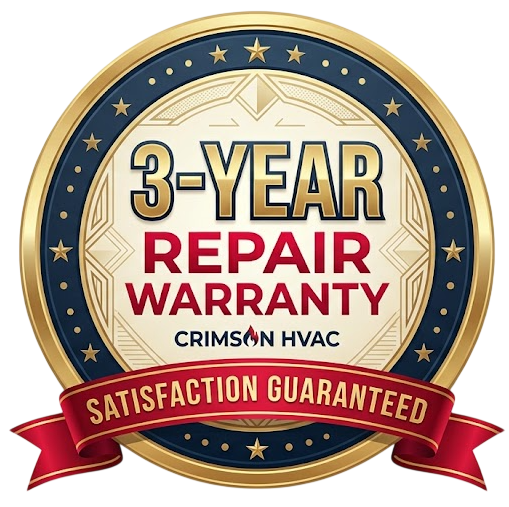 3-year repair warranty badge with crimson HVAC logo and satisfaction guaranteed ribbon