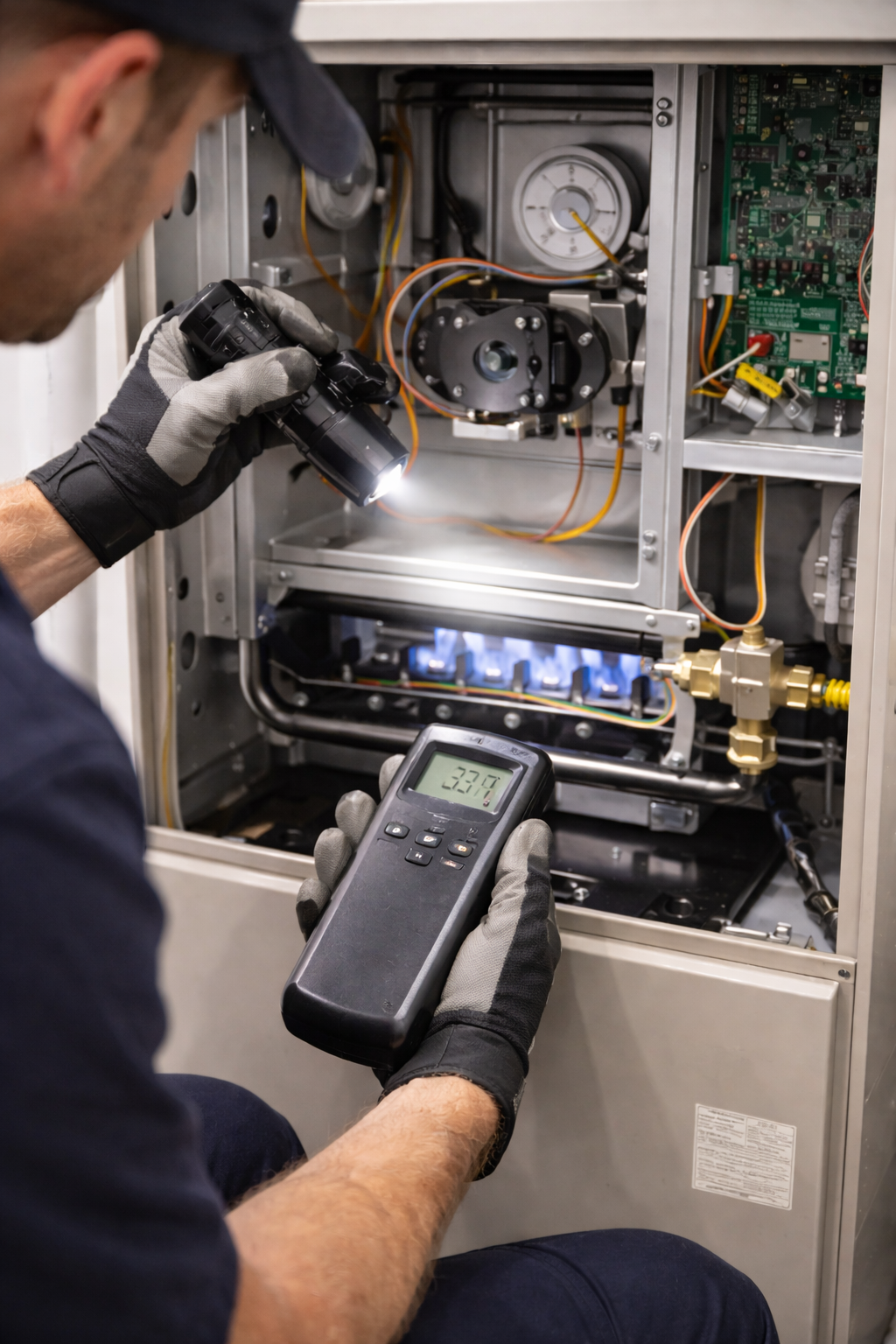 Technician inspecting industrial control equipment with a handheld device inside an open cabinet