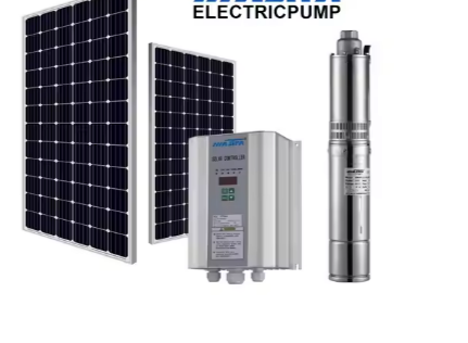 Solar panels, pump, and control box. Components of a solar-powered water pumping system.