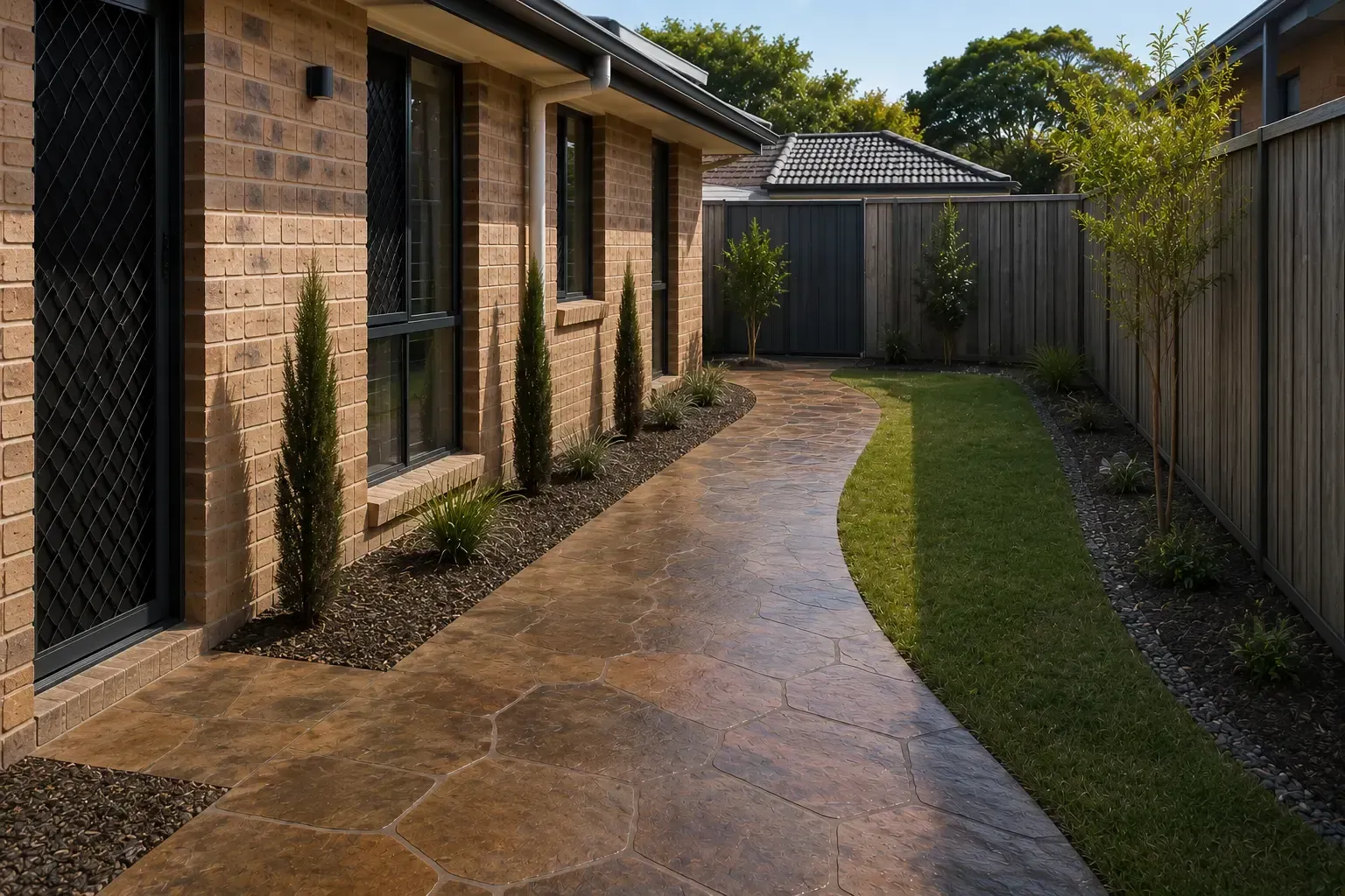 Side path in a Townsville back yard with an acid-stained finish.