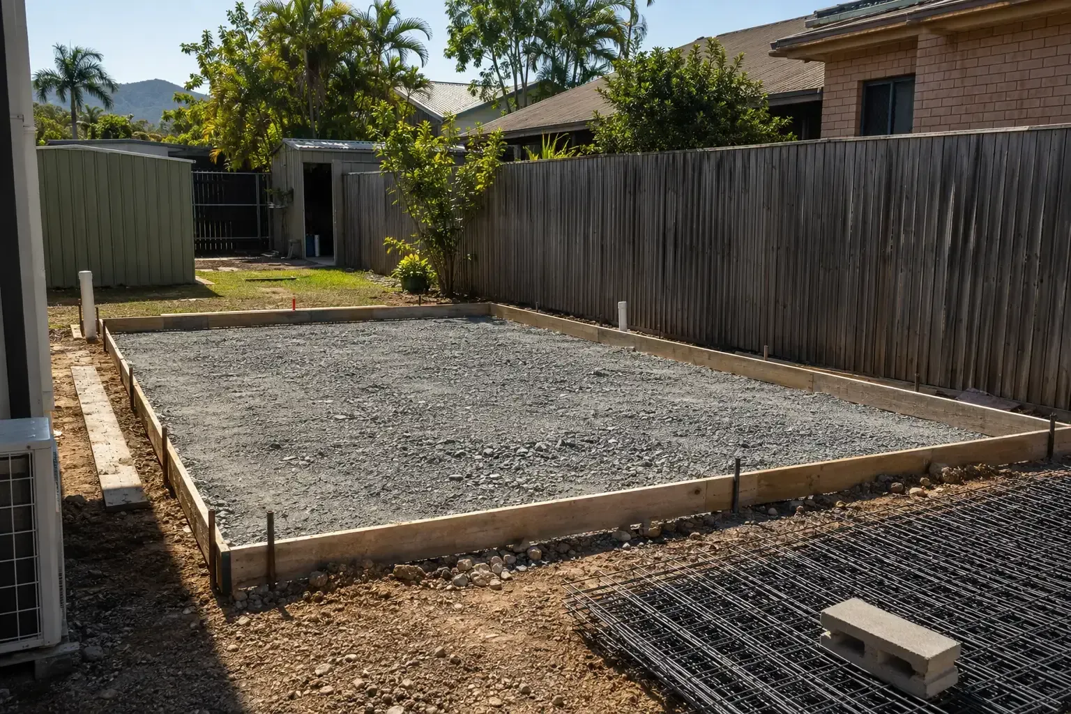 Shed slab in Townsville yard, boxed and ready for reinforcement to be laid before the concrete pour.
