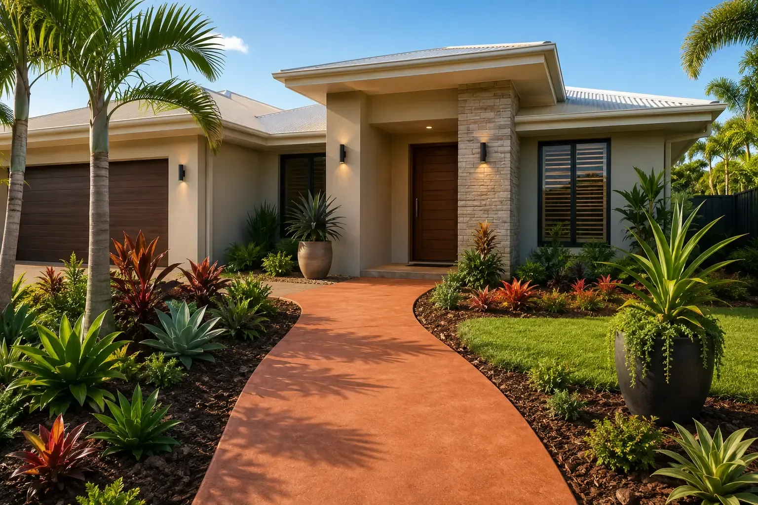 Modern house entrance with a terracotta coloured concrete walkway in Townsville.