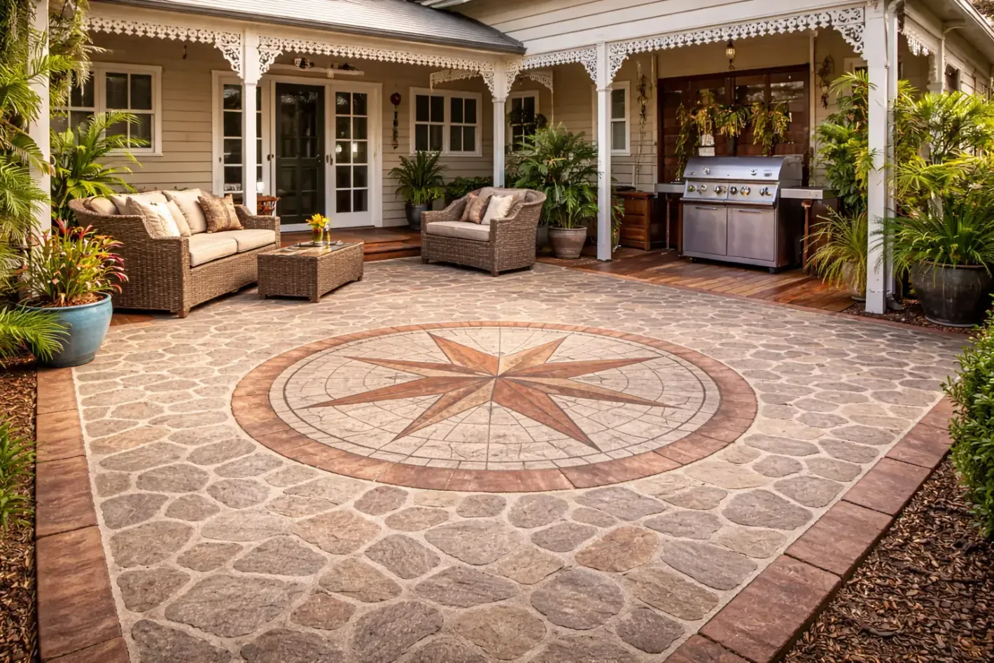 Stone patio with stencilled concrete compass rose design in Kirwan, Townsville.