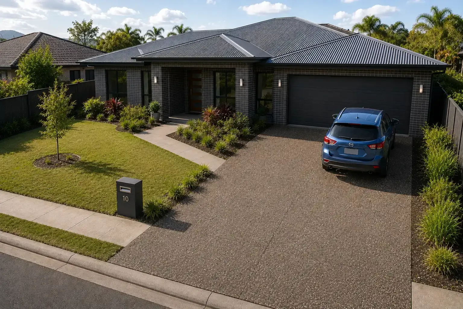 Modern suburban house with a 2 car exposed aggregate driveway in Townsville