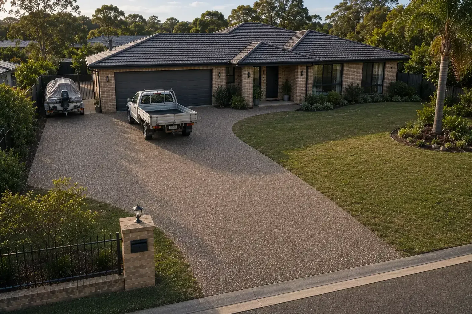 Side apron to the left of the main driveway for boat parking.