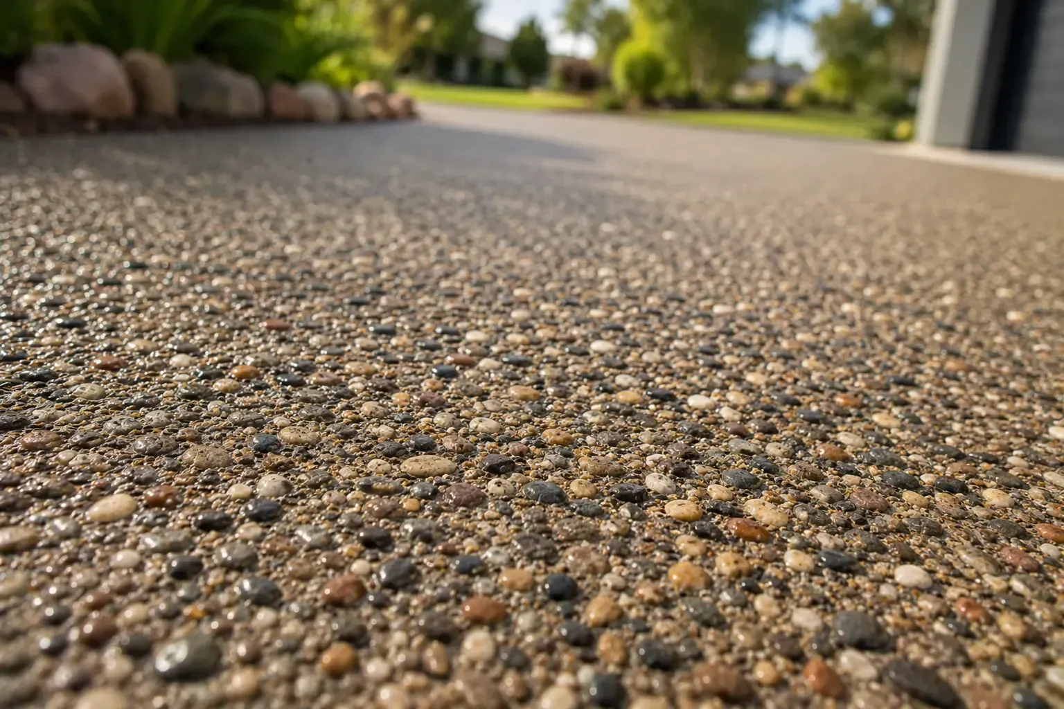 Close-up view of an exposed aggregate driveway in Townsville.