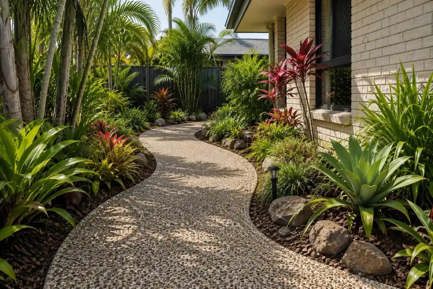 Winding exposed aggregate pathway in Townsville garden.