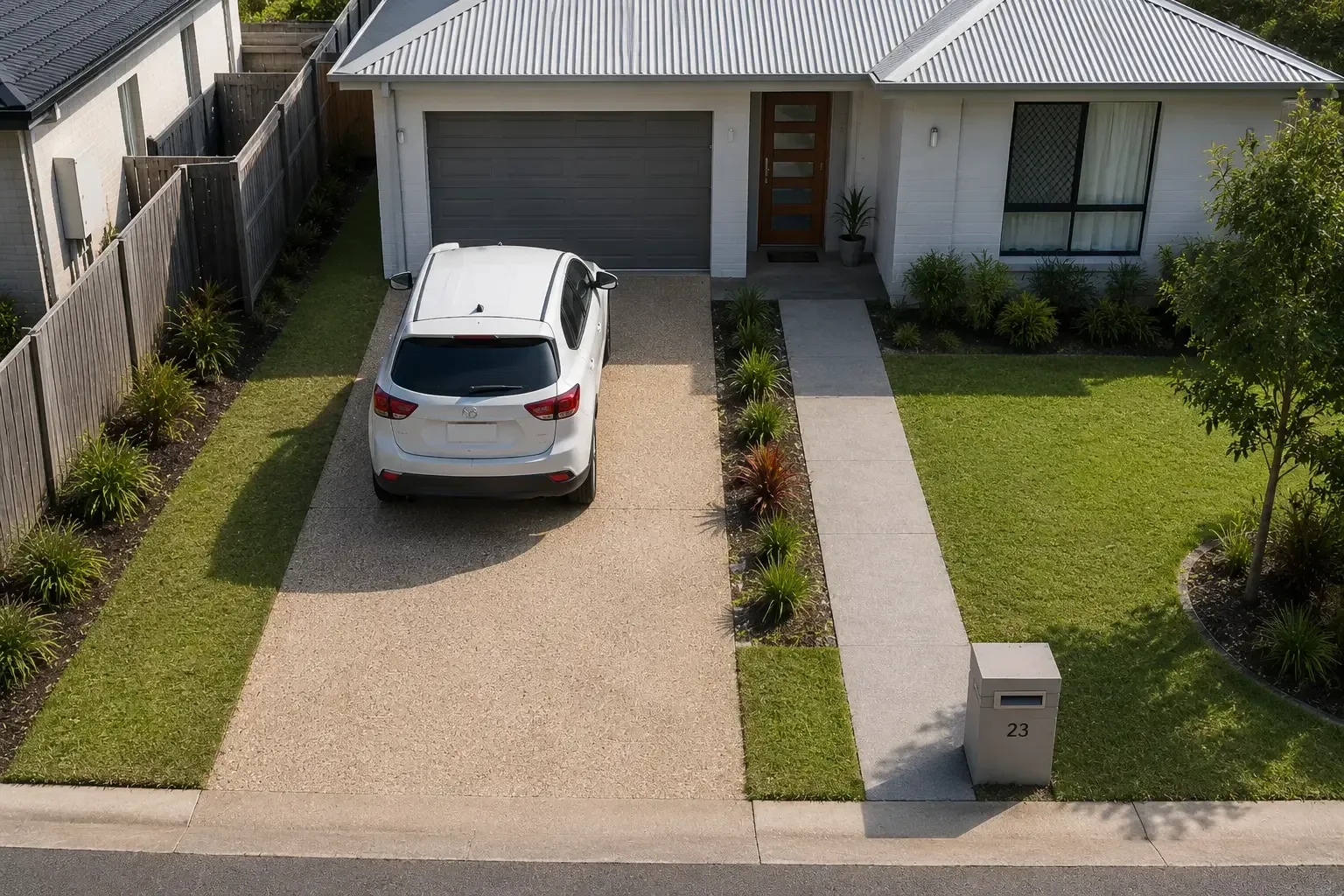 Aerial shot of a single car exposed aggregate driveway in Townsville.