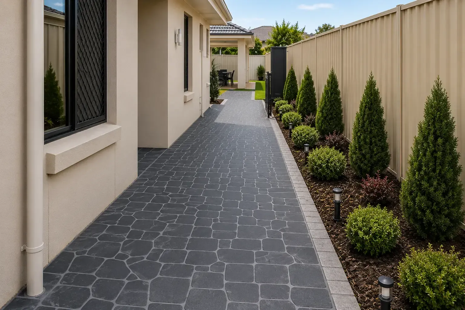 Side access path with stencilled concrete pattern. Townsville.