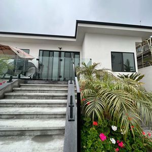 White house with steps leading to glass doors, a handrail, and plants. Overcast sky.