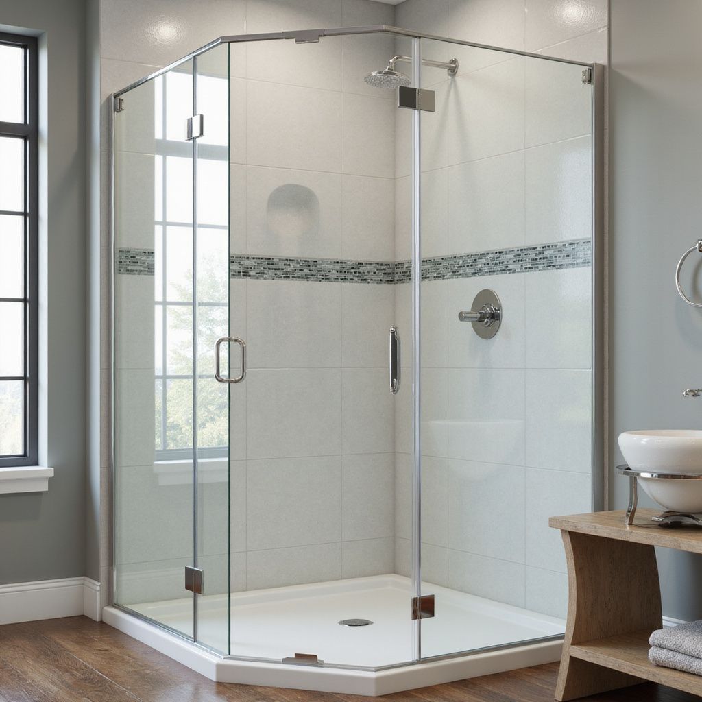 Glass corner shower in a tiled bathroom.